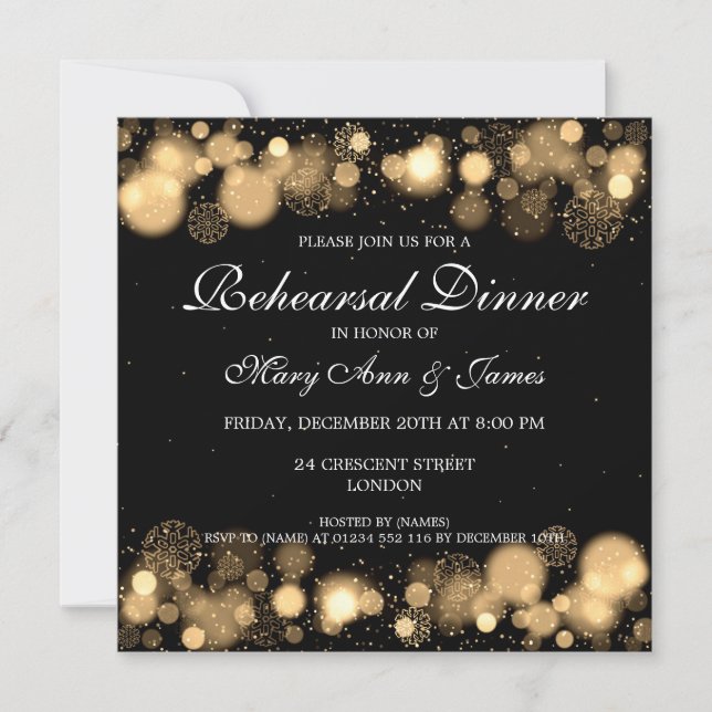 Invitación Luces del oro de la cena del ensayo de la boda del (Anverso)