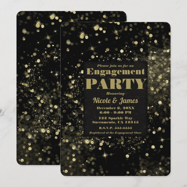 Invitación Luces Destellantes de Oro Negro para una Fiesta de (Anverso / Reverso)