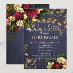 Invitación Luces doradas baby shower rústico de invierno azul