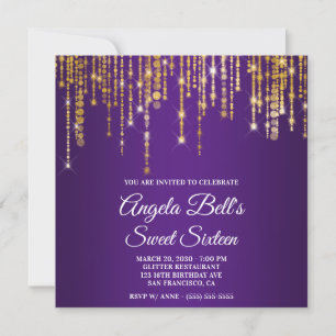 Invitación Luces Doradas Brillantes Cumpleaños 16 Regal Purpl