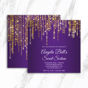 Invitación Luces Doradas Brillantes Cumpleaños 16 Regal Purpl