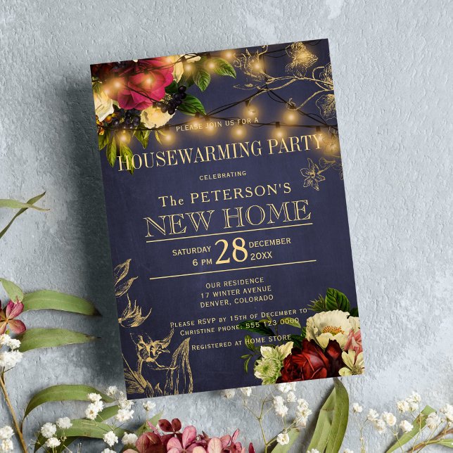 Invitación Luces doradas cálidas para el hogar marina floral  (Subido por el creador)