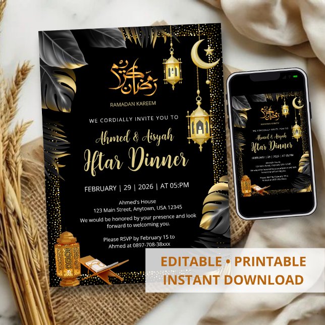 Invitación Luces doradas elegantes y Monstera Ramadan Iftar (Subido por el creador)