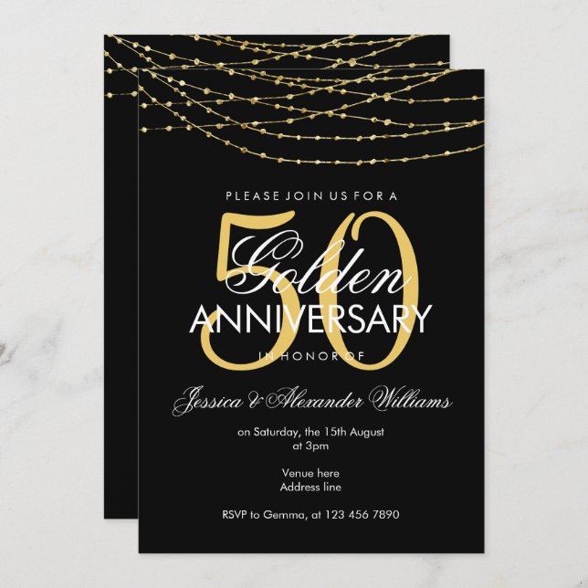 Invitación Luces Doradas Glamurosas 50 Aniversario de Bodas (Anverso / Reverso)