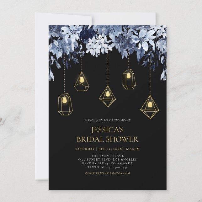 Invitación Luces doradas y negras y ducha de novia floral de  (Anverso)