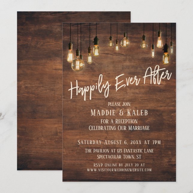 Invitación Luces Edison de pared de madera marrón felices par (Anverso / Reverso)