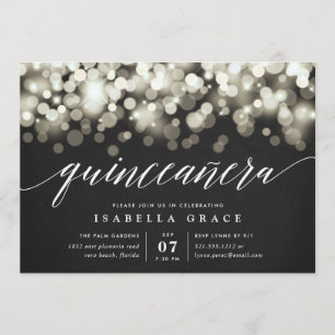 Invitación Luces elegantes de color negro y oro Quinceanera