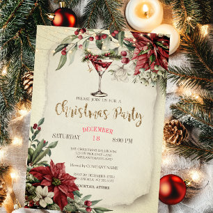 Invitación Luces elegantes de copa de vino Poinsettia Navidad