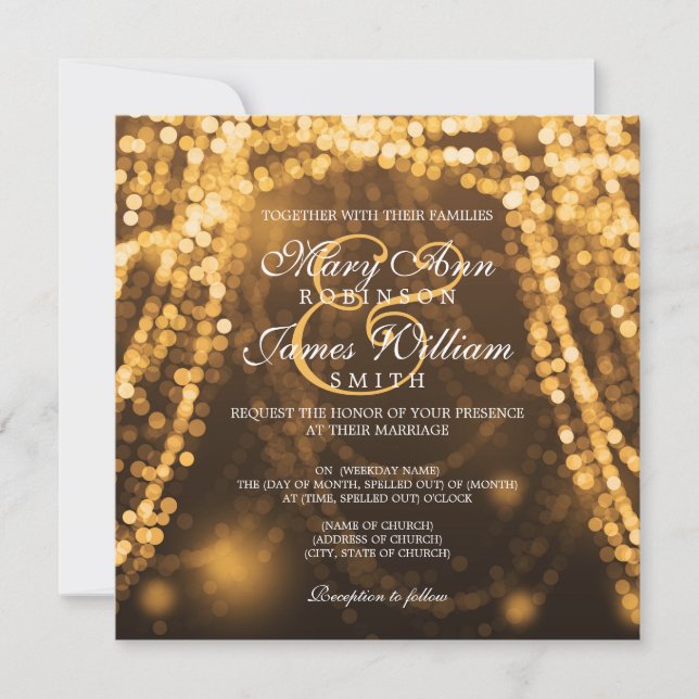 Invitación Luces elegantes de cuerda dorada de boda (Anverso)