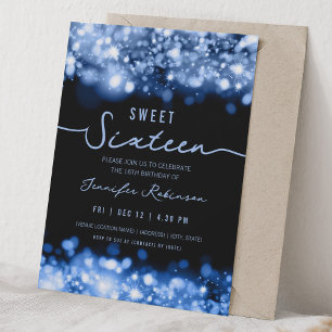Invitación Luces Elegantes de Destello Cumple Dieciséis Azul 