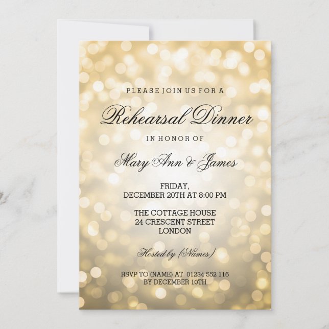 Invitación Luces elegantes del purpurina del oro de la cena (Anverso)