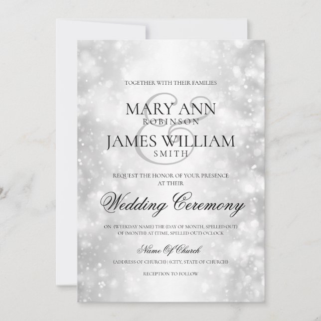 Invitación Luces elegantes del reflejo de la plata de la boda (Anverso)