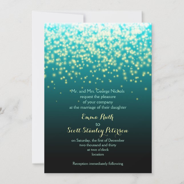Invitación Luces esparcantes azul verde azulado y boda acuáti (Anverso)