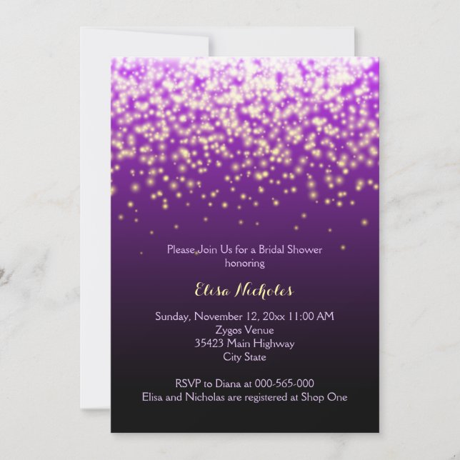 Invitación Luces espumosas boda púrpura ducha de novia (Anverso)