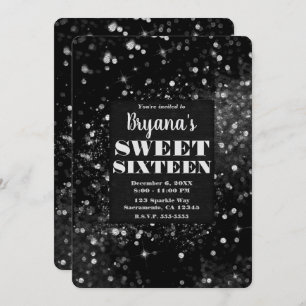 Invitación Luces espumosas color negro plateado Glam Sweet 16
