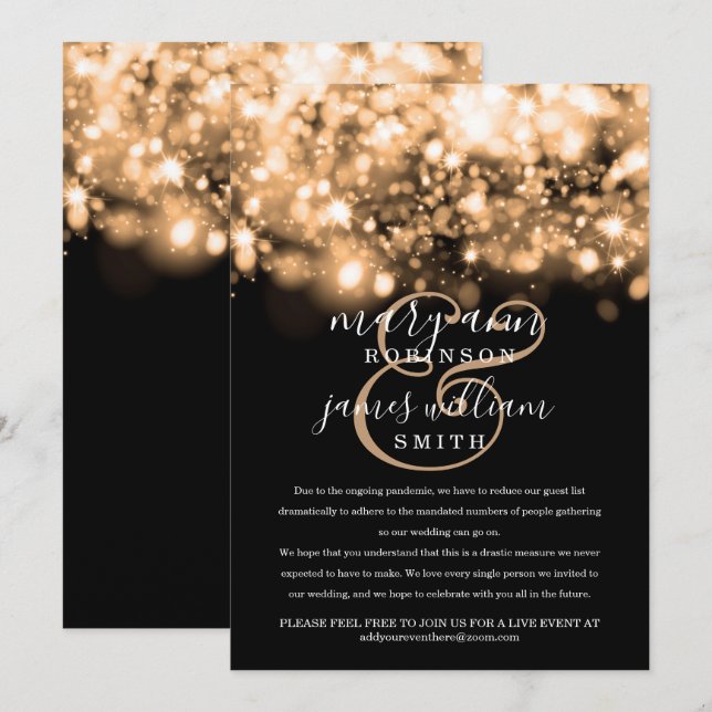 Invitación Luces espumosas de oro Boda reducidas/cambiadas (Anverso / Reverso)