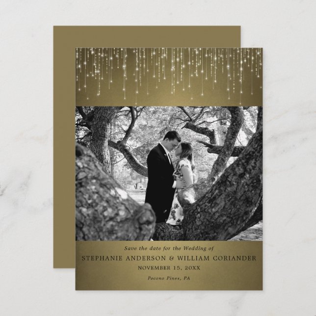 Invitación Luces espumosas Foto de oro Guardar la fecha (Anverso / Reverso)