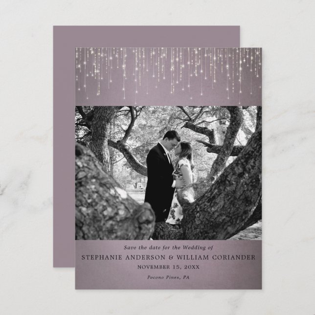 Invitación Luces espumosas Mauve Photo Save the Date (Anverso / Reverso)