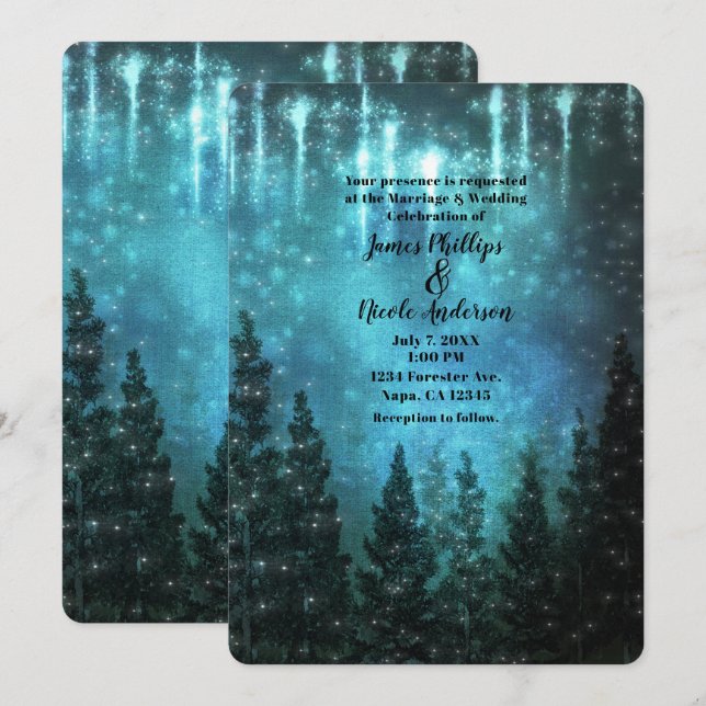 Invitación Luces Estrelladas Árboles de Pino Rústicos Boda de (Anverso / Reverso)