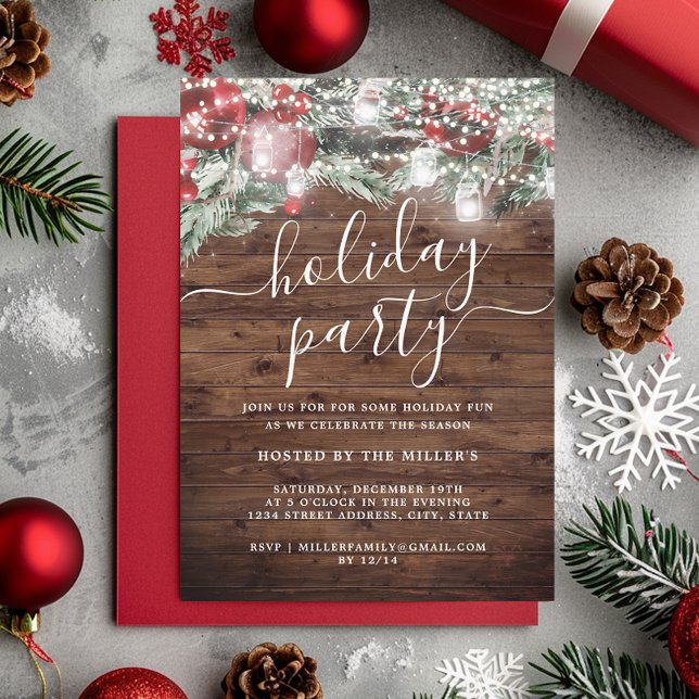 Invitación Luces festivas de follaje navideño rústico  (Subido por el creador)