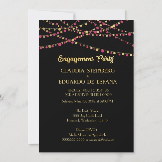 Invitación Luces festivas - Oscuras/Subió rosadas + oro (Anverso)
