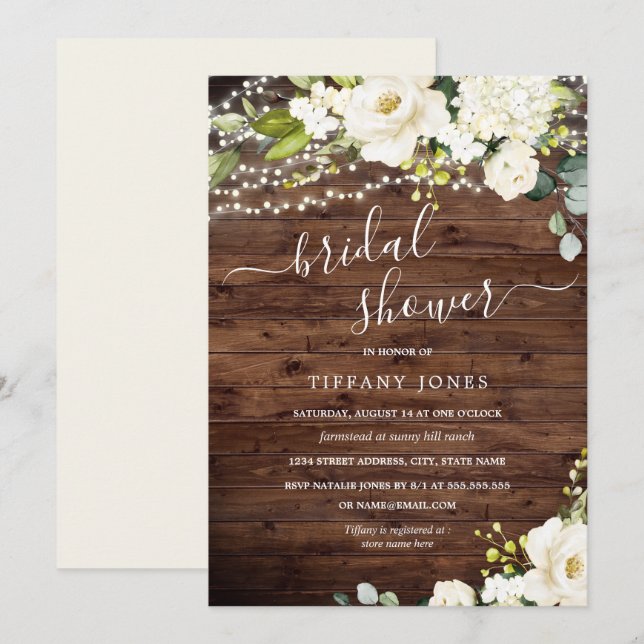 Invitación Luces Florales Blancas de Madera Rústica para Desp (Anverso / Reverso)