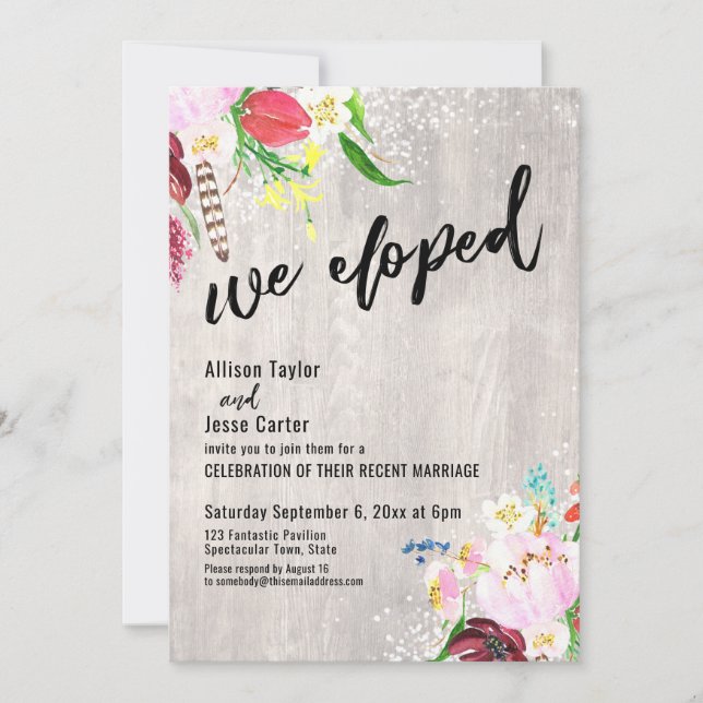 Invitación Luces Florales Boho Madera Rústica Nos Fugamos Fie (Anverso)