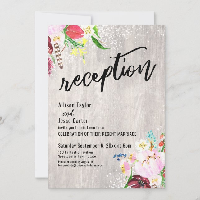 Invitación Luces Florales Boho Recepción de Boda de Madera Rú (Anverso)