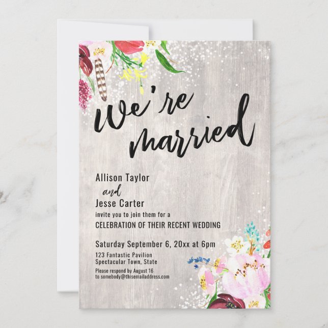 Invitación Luces Florales Boho Rústicas de Madera Estamos Cas (Anverso)