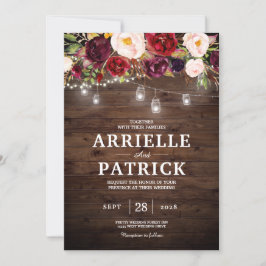 Invitación Luces Florales Burgundy de Madera Rústica