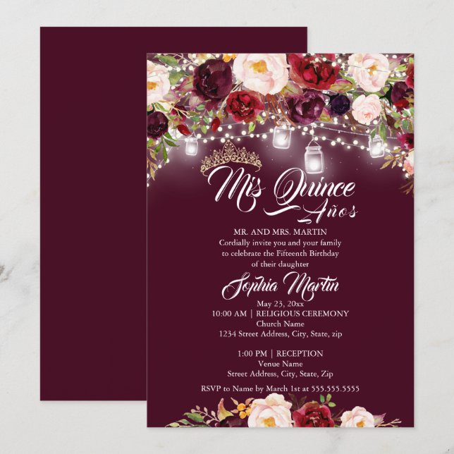 Invitación Luces florales de Borgoña Mis Quince Quinceanera (Anverso / Reverso)