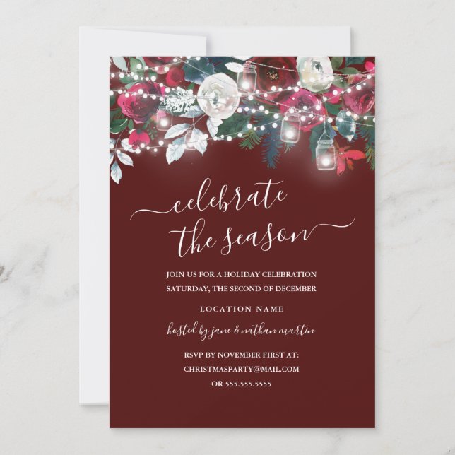 Invitación Luces Florales de Borgoña Roja de Navidad (Anverso)
