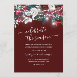 Invitación Luces Florales de Borgoña Roja de Navidad