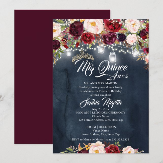 Invitación Luces florales de la Marina de Borgoña Quinceanera (Anverso / Reverso)
