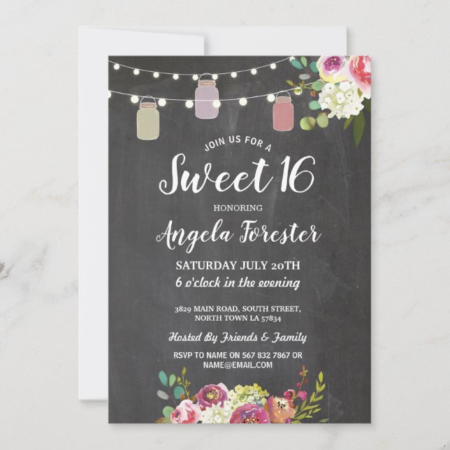 Invitación Luces florales de los tarros del dulce 16 de la (Anverso)