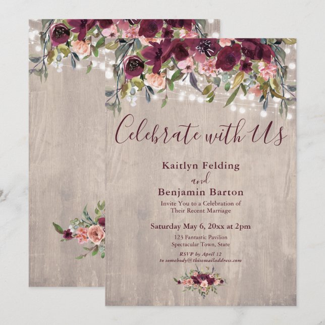 Invitación Luces Florales de Madera celebran con la recepción (Anverso / Reverso)