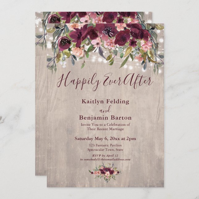Invitación Luces Florales de Madera Para Recepción de Feliz P (Anverso / Reverso)