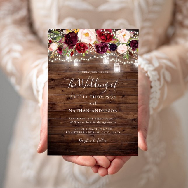 Invitación Luces Florales de Madera Rústica Borgoña Boda (Subido por el creador)
