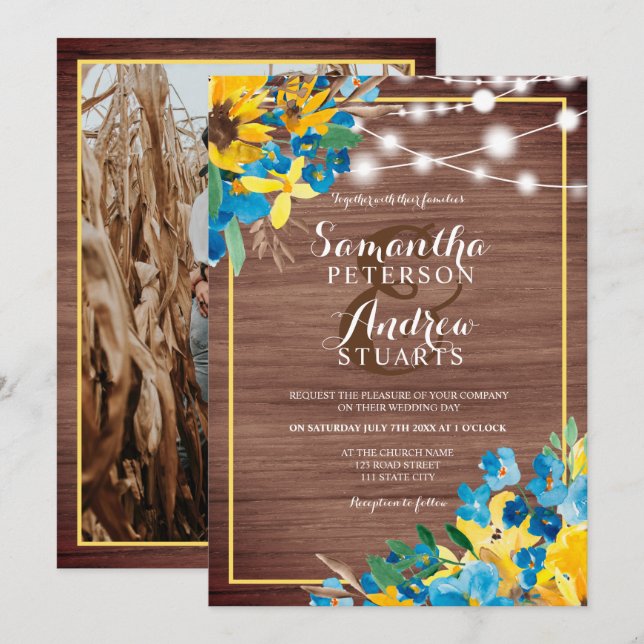 Invitación Luces florales de madera rústica de campo boda (Anverso / Reverso)