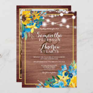 Invitación Luces florales de madera rústica de campo boda