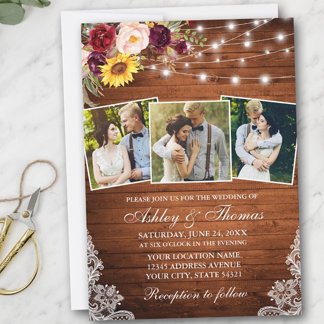 Invitación Luces florales mixtas rusticas encaje 3 Boda fotog (Customize to add more text or photos to back of card.)