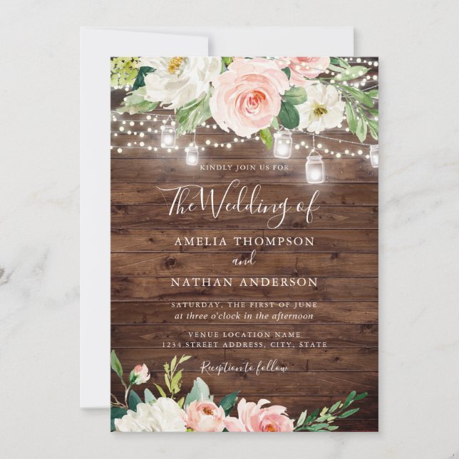 Invitación Luces Florales Rosa Beige Madera Rústica Boda (Anverso)