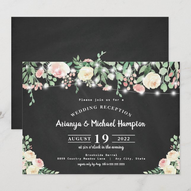 Invitación Luces florales rosadas rústicas solo para recepció (Anverso / Reverso)