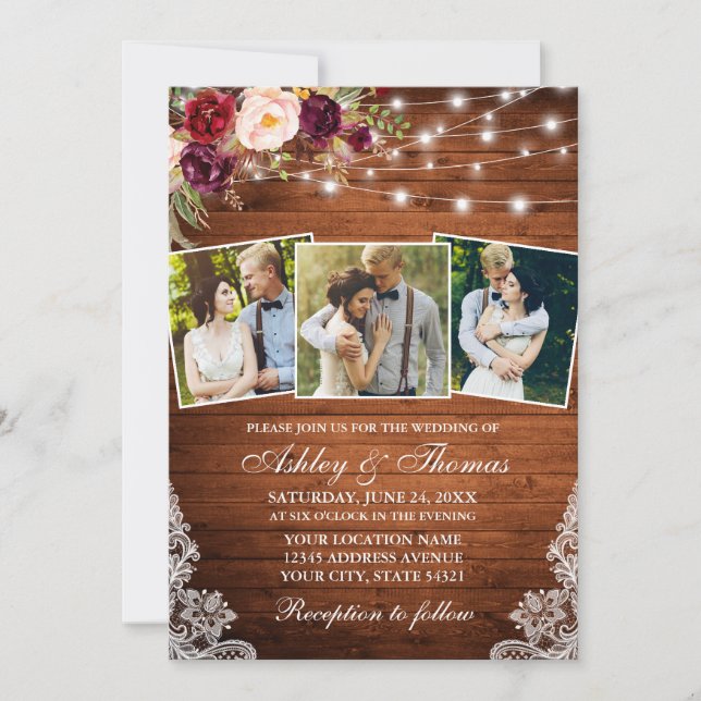Invitación Luces florales rusas de Borgoña Luce 3 Foto Boda (Anverso)