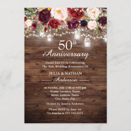 Invitación Luces Florales Rústicas Borgoña 50 Aniversario