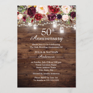 Invitación Luces Florales Rústicas Borgoña 50 Aniversario