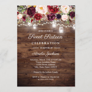 Invitación Luces florales rusticas de Borgoña 16.º dulce 16
