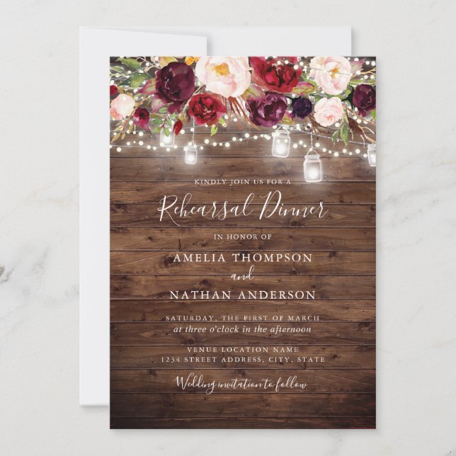 Invitación Luces Florales Rústicas de Borgoña para Cena de En (Anverso)