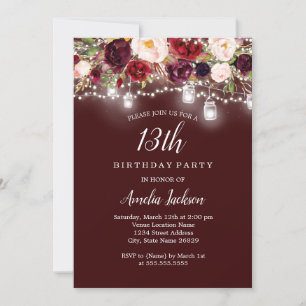 Invitación Luces Florales Rústicas de Borgoña para Cumpleaños