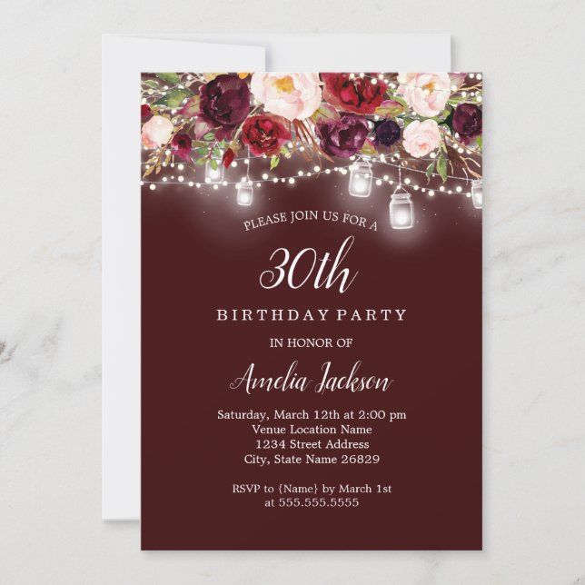 Invitación Luces Florales Rústicas de Borgoña para Cumpleaños (Anverso)